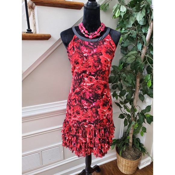 Gambatista Valli Red Floral Polyester Round Neck Sleeveless Knee Length Dress L - Picture 1 of 11